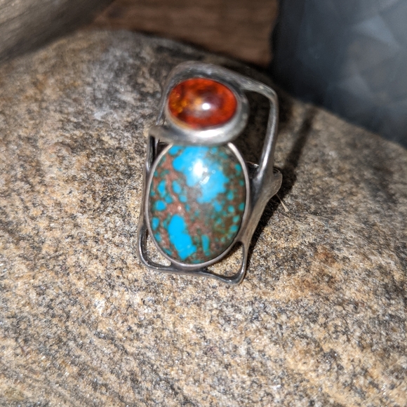 Jewelry - Sterling Silver Ring with Turquoise and Amber Crystals